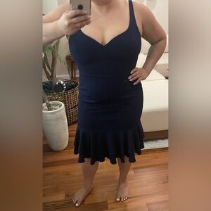 BETSY & ADAM mid length dress navy sweetheart neckline square back ruffle trim